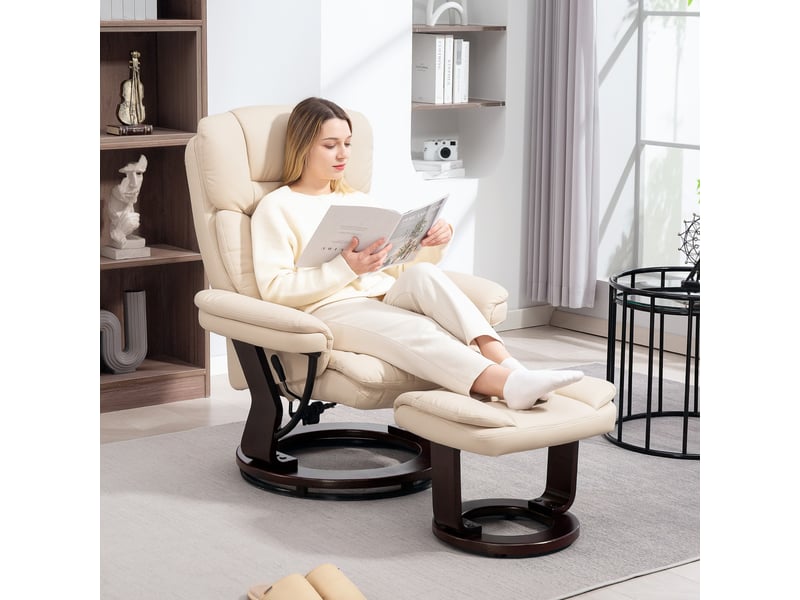  Fauteuil inclinable avec repose-pieds, fauteuil réglable, revêtement en similicuir, fauteuil rembourré avec dossier rabattable, blanc crème  - Conforama C