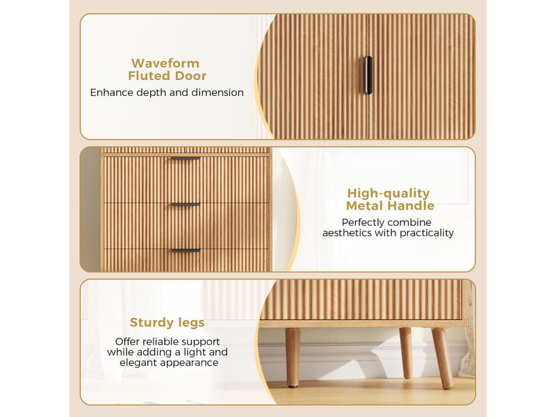  Buffet haut à 2 portes et 3 tiroirs avec étagères réglables -  rangement modulable mdf naturel 75 × 35 × 180 cm  - Conforama E