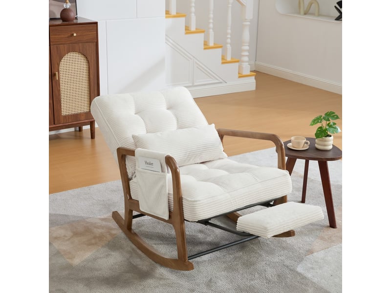  Fauteuil à bascule 70x80x92 cm - avec repose-pieds escamotable, dossier inclinable et coussin lombaire en velours côtelé - beige  - Conforama B