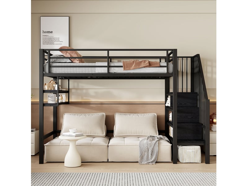  Lit mezzanine enfant 90x200 cm avec escalier de rangement et étagères noir  - Conforama D