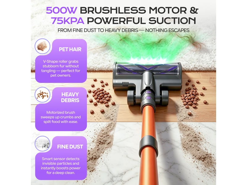  V16 500w 75kpa aspirateur sans fil avec écran tactile, mode auto, capteur de poussière infrarouge, filtration hepa 6 étages, 60min autonomie, batterie amovible, écran led pour sol dur, moquette et poils d'animaux V16 - Conforama E