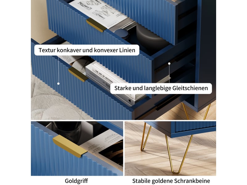 Lot de 2 table de chevet,3 tiroirs,manches et pieds en couleur doré, table de chevet,moderne, 60 x 40 x 70 cm, bleu - Conforama R