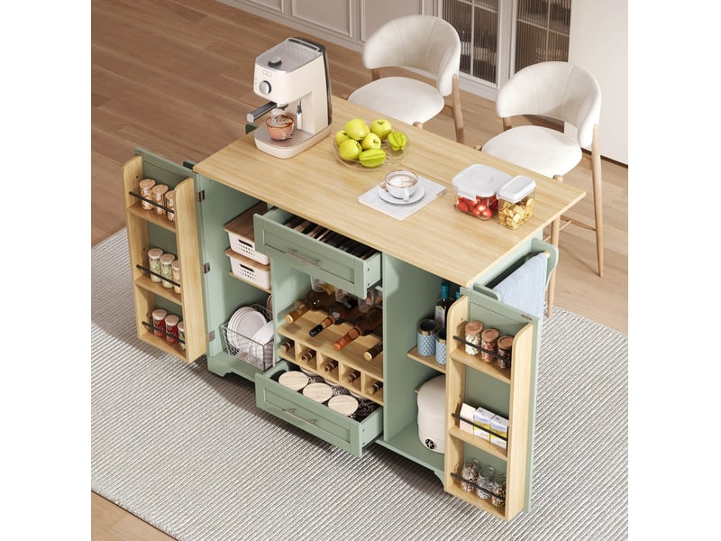  Desserte de cuisine à roulettes 138x4570x92 cm avec plateau rabattable vert antique  - Conforama B