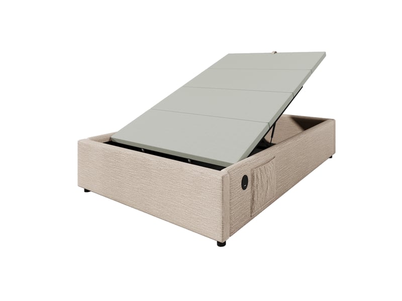  Lit coffre 90x200 cm avec poches latérales et charge, lin, beige et naturel, sans matelas  - Conforama R