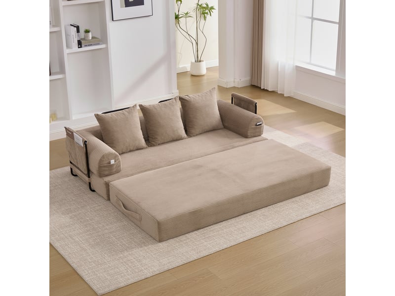  Canapé modulable 3 places en velours côtelé – canapé compression avec structure métallique, coussins inclus et poche de rangement, configuration personnalisable – beige kaki  - Conforama E