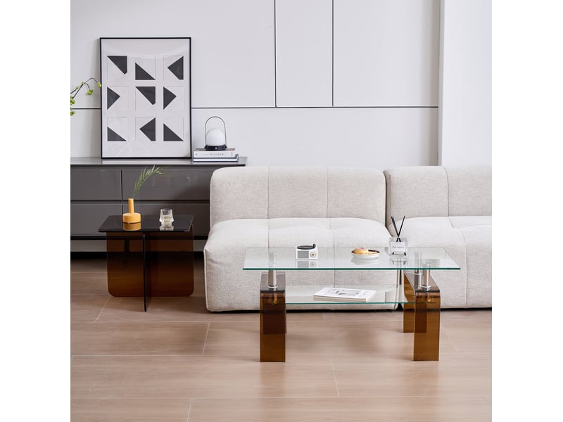  Table basse 100x55x45 cm en verre trempé transparent, pieds bruns  - Conforama E