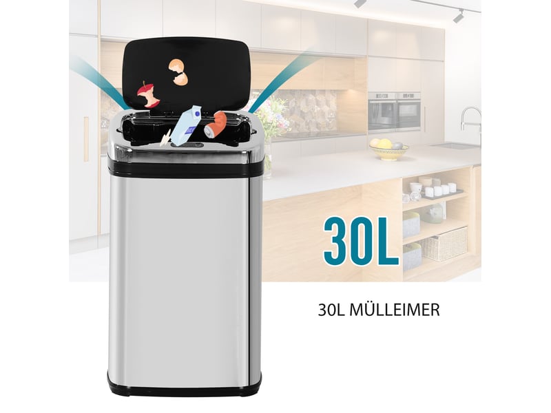 Poubelle automatique 30 l en acier inoxydable argenté avec capteur infrarouge, pour gestion hygiénique des déchets - Conforama E