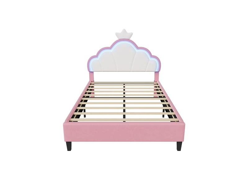  Lit enfant 140x190cm - lit double 140x190 avec tête de lit couronne lumineuse led - rembourré en velours - rose et blanc  - Conforama A
