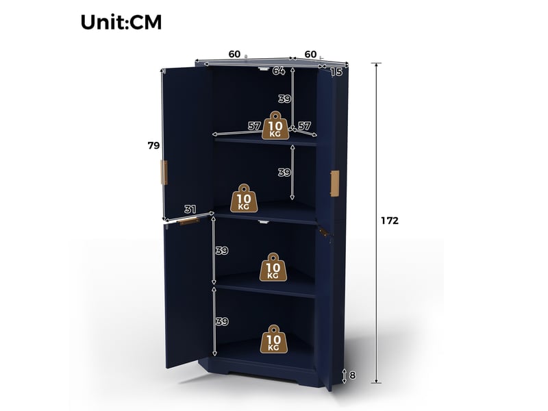  Meuble d'angle avec 4 portes et étagères réglables, design rainuré, pour cuisine, en mdf bleu, 60 × 60 × 172 cm  - Conforama D