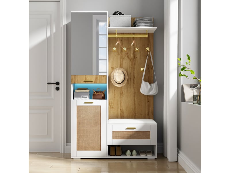  Ensemble d’entrée avec miroir, 6 patères dorées, meuble à chaussures, banc et led 16 couleurs  - Conforama B