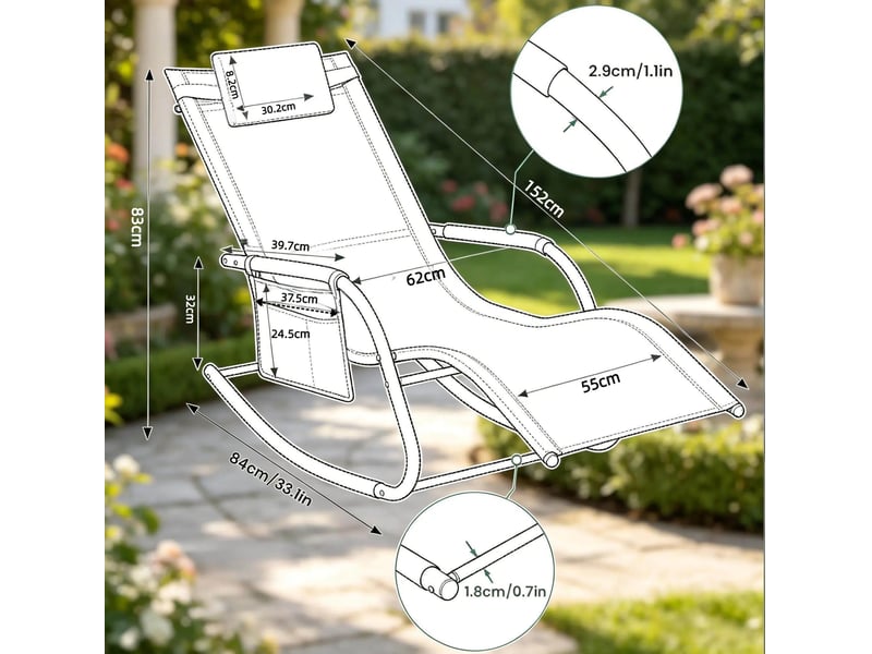 Fauteuil relaxant à bascule extérieur 152x62x83 cm – gris – poche latérale et appui-tête ergonomique - Conforama C