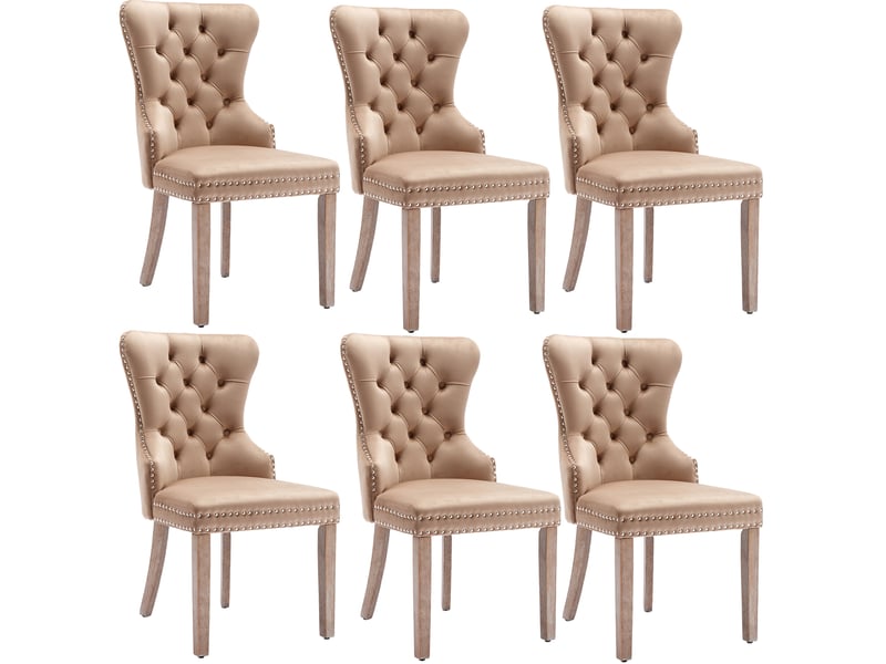 Lot de 6 chaises de salle à manger - chaises salon rembourré en velours café clair, pieds réglables en bois, dossier haut - Conforama A