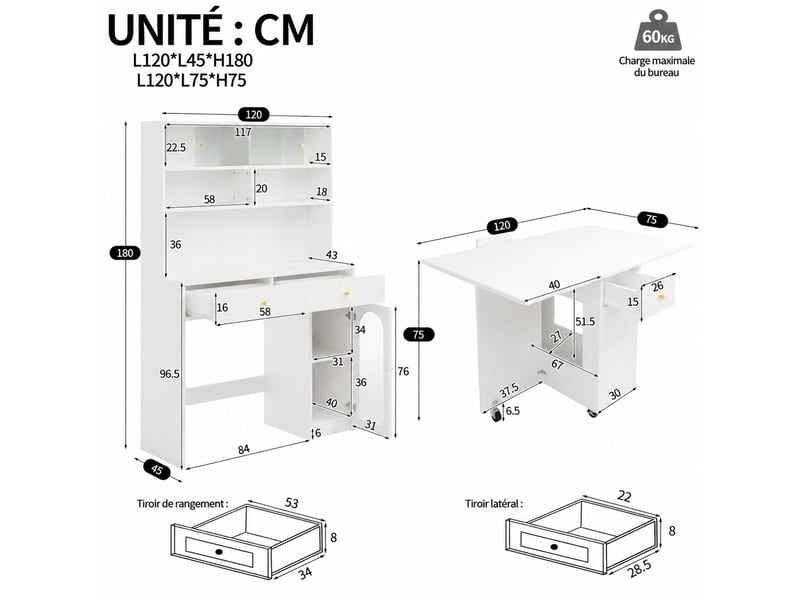  Meuble de cuisine muvano, ensemble avec table pliante et buffet haut blanc à roulettes  - Conforama W