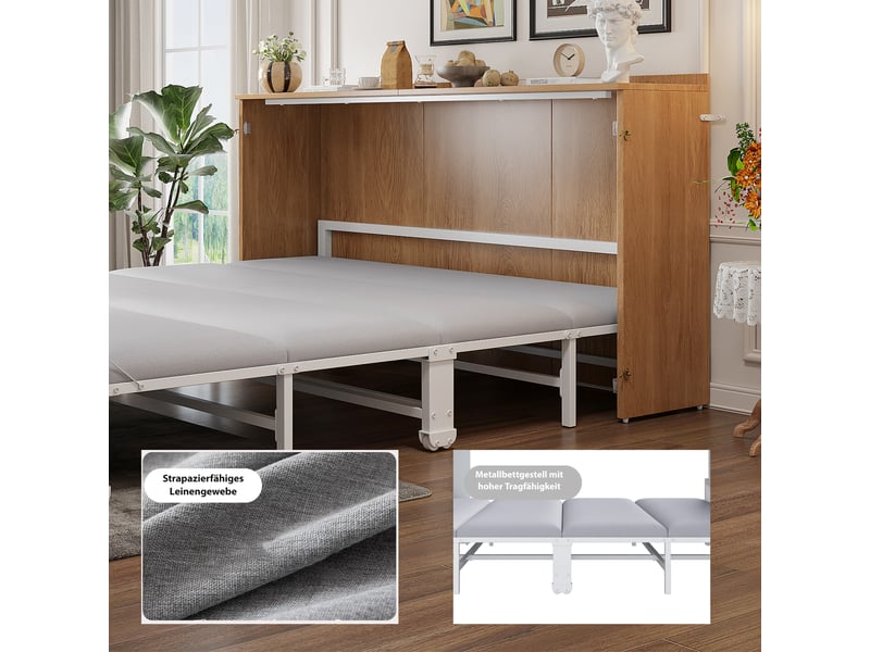  Lit escamotable 140x200 cm avec matelas en lin inclus, lit armoire pliant sur roulettes silencieuses, structure métal, gain de place  - Conforama C