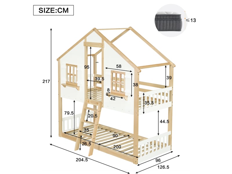  Lit superposé enfant cabane 90x200 cm blanc et naturel, pin et mdf  - Conforama E
