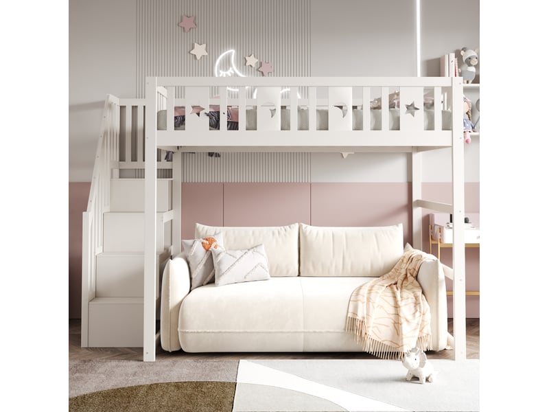  Lit mezzanine enfant 140x200 cm avec escalier, bois blanc, garde-corps de sécurité, décorations étoiles et lune, sans matelas  - Conforama D