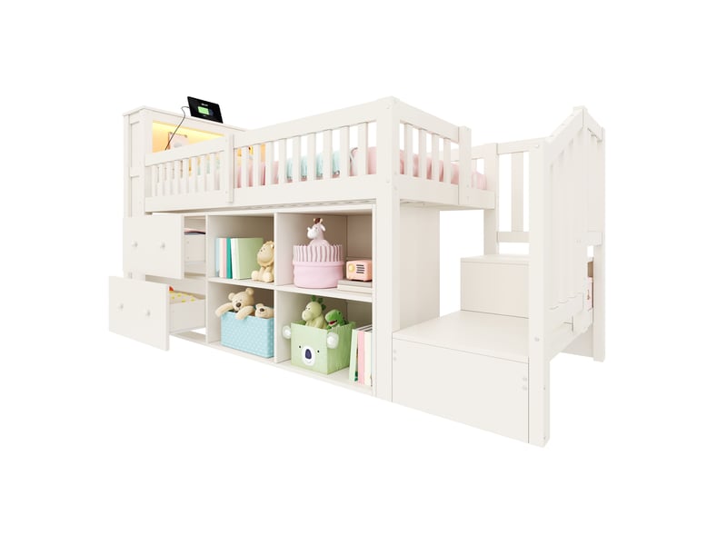  Lit mezzanine 90x200cm - lit enfant en bois avec escalier de rangement, led rgb, prises usb, 2 tiroirs &amp; étagères - blanc  - Conforama A