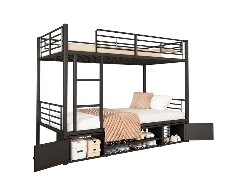 Lit superposé en métal noir 90x200 cm avec rangement et échelle - Conforama A