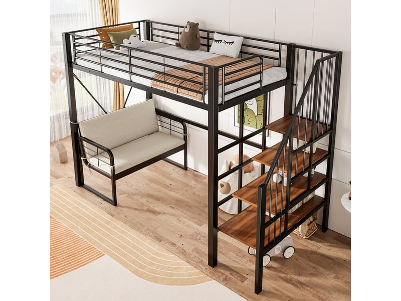  Lit superposé 90 x 200 cm noir, cadre métallique stable, canapé amovible, rangement et échelle.  - Conforama C