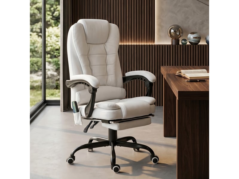  Fauteuil de bureau avec 7 points de massage, repose-pieds rétractable, hauteur réglable, télécommande et revêtement en tissu pu blanc  - Conforama C