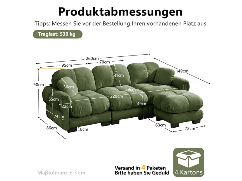  Canapé d'angle 3 places en tissu vert avec ottomane mobile et 2 coussins déco, confort moelleux au salon  - Conforama C