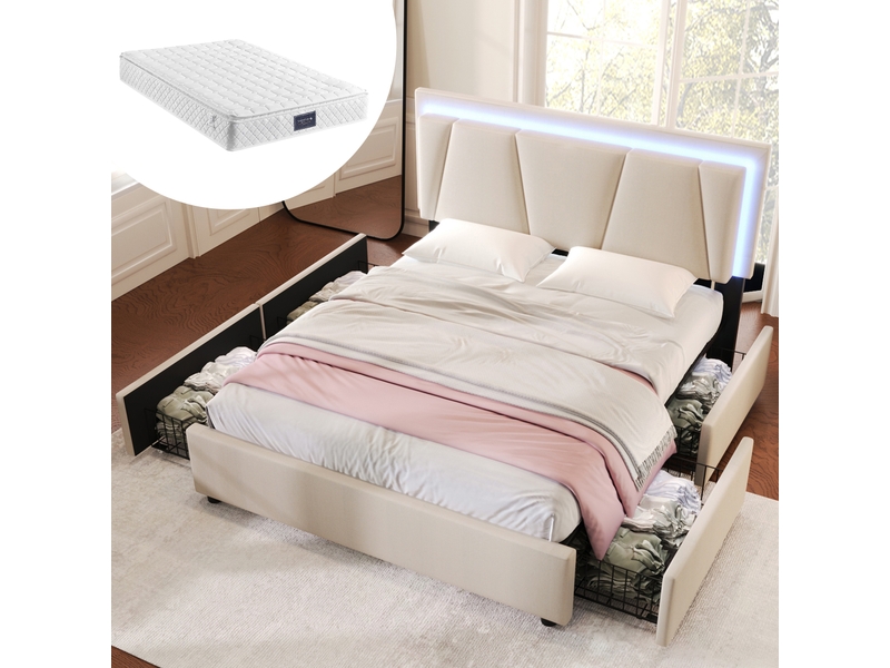  Lit double coffre 160x200 avec led, 4 tiroirs, tête réglable, lin beige et matelas inclus  - Conforama B