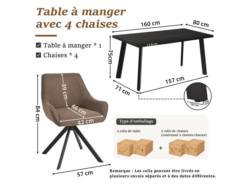  Ensemble table et 4 chaises - table rectangulaire 160x80 cm monobloc en chêne noir et pieds métal, 4 chaises en tissu marron moka et pieds métal  - Conforama C