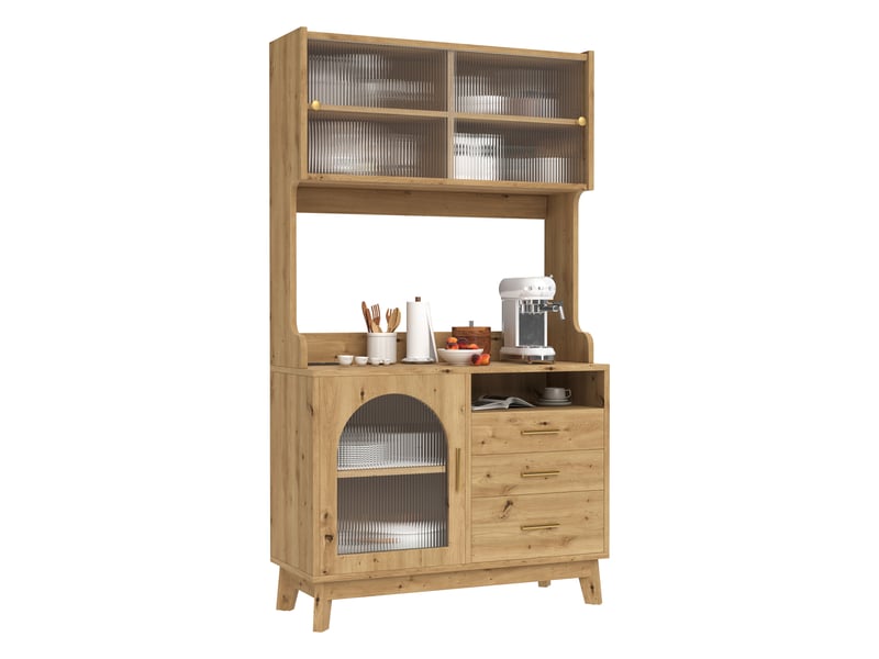 Buffet de cuisine naturel, armoire haute avec 3 tiroirs et 3 portes, pour salle à manger, prises et usb-ca, 100.5x40x178 cm - Conforama A