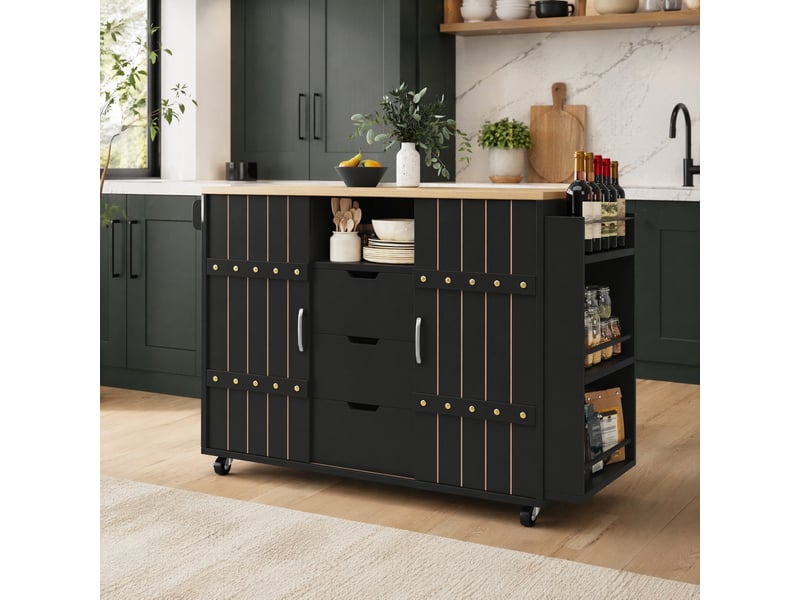 Desserte de cuisine 110x42x90 cm noire avec plateau rabattable et portes coulissantes - Conforama B
