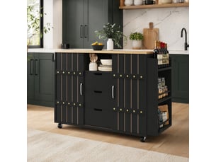 Desserte de cuisine 110x42x90 cm noire avec plateau rabattable et portes coulissantes