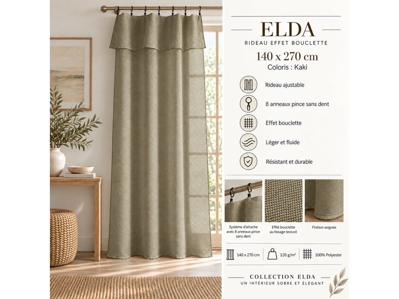  Rideau ajustable + 8 anneaux pince 140 x 270 cm polyester effet bouclette elda kaki 15668 - Conforama E