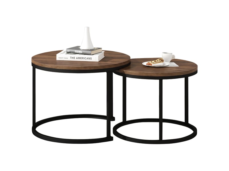  Lot de 2 tables gigognes rondes noyer et noir en mdf et métal, ø 50 x h 70,5 cm et ø 45,5 x h 44 cm  - Conforama A