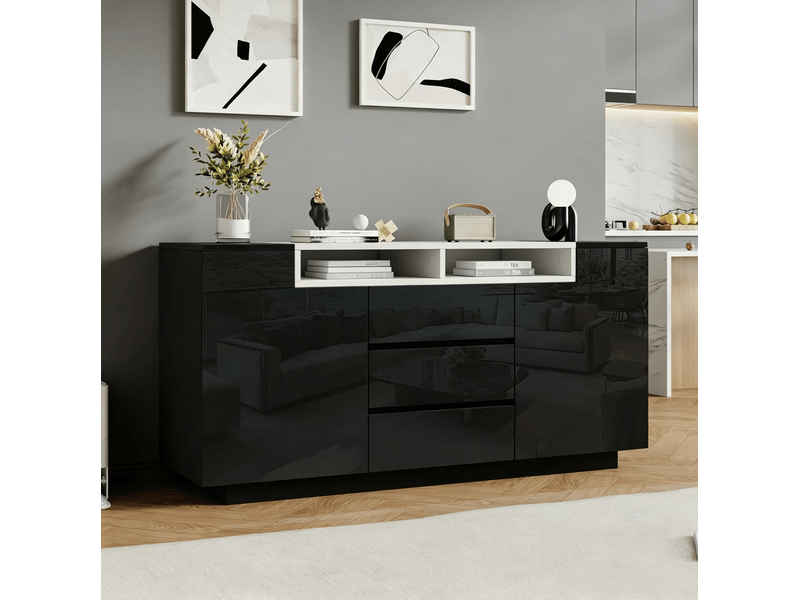  Buffet bas 140 x 40 x 68 cm noir avec 2 portes, 3 tiroirs et éclairage led  - Conforama D