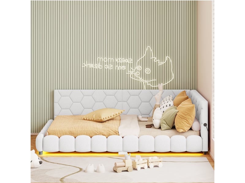  Lit d'angle 140x200 cm avec led et usb,canapé-lit rembourré,lit 2 places,sommier à lattes,lit double,laine d'agneau,blanc  - Conforama R