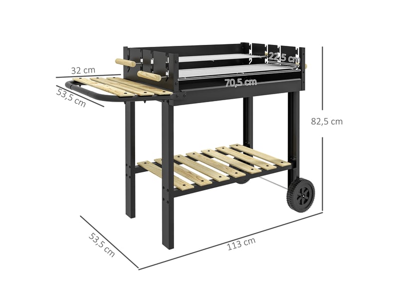  Barbecue à charbon bbq grill sur pied avec double gril réglable 2 roues et 2 étagères dim. 113l x 53,5l x 82,5h cm noir  - Conforama E