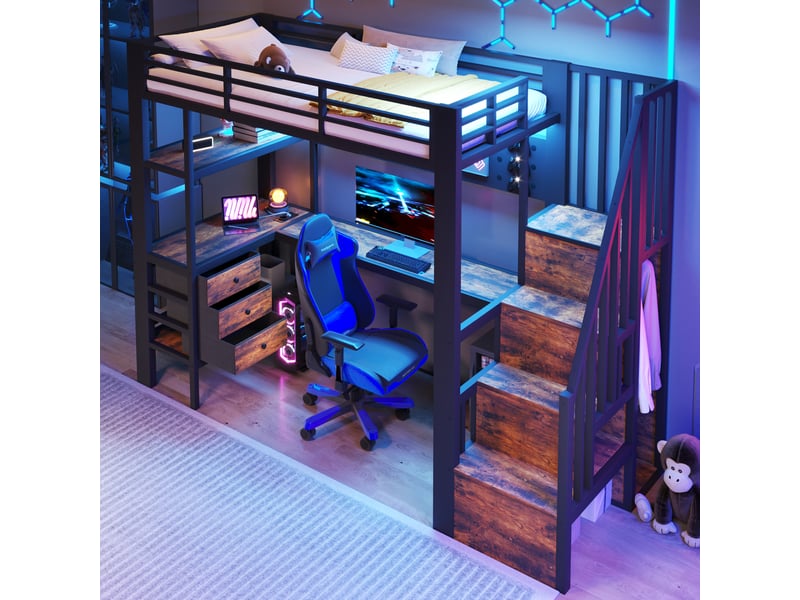  Lit mezzanine 90x200 cm noir en métal et mdf avec bureau, rangements et led  - Conforama E