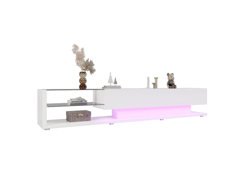 Meuble tv blanc laqué 170 cm avec led variable, 2 tiroirs et étagères en verre pour tv 50 à 59 pouces - Conforama A