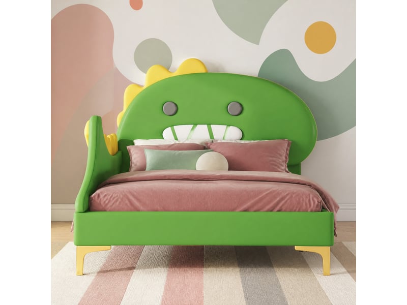 Lit enfant 90 x 200 cm vert, forme dinosaure cartoon, lit plat en pu et mdf  - Conforama C