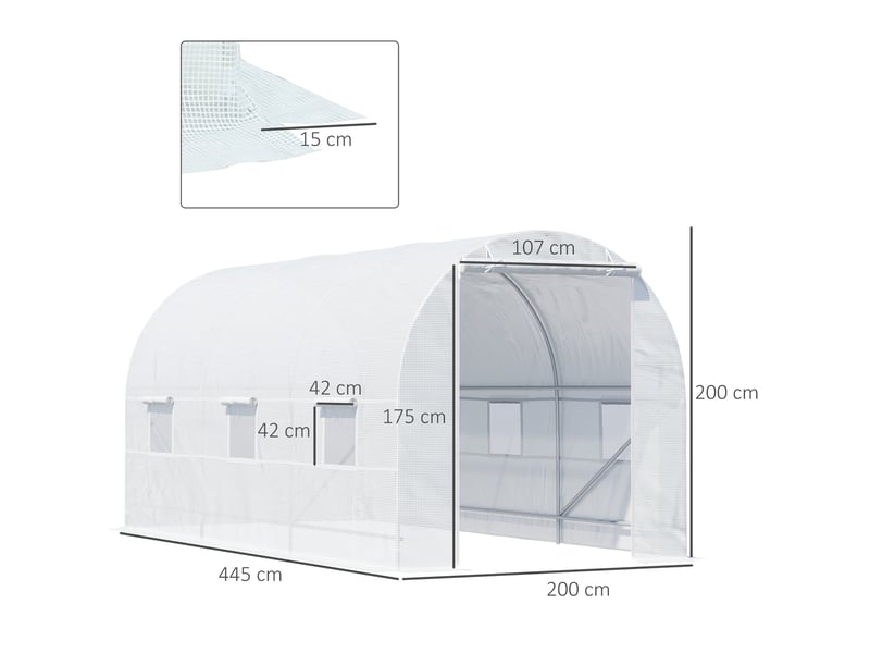 Serre tunnel de jardin 9m², serre de jardin tunnel avec porte et 6 fenêtres, bâche pe 140 gm² 445 x 200 x 200 cm blanc - Conforama E
