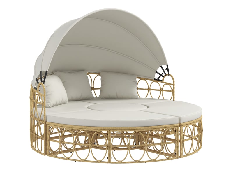 Salon de jardin 4 pièces en rotin blanc, canapé 2 places avec toit rétractable et table basse, pour terrasse - Conforama A