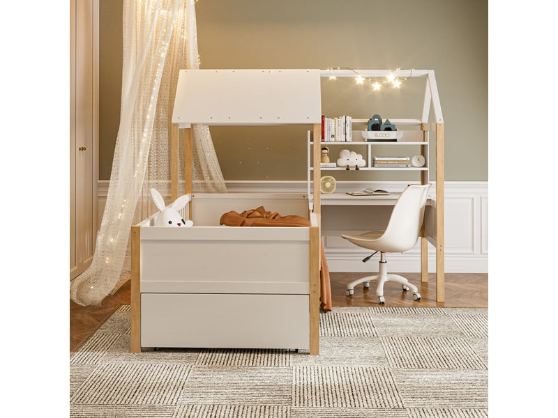  Lit enfant 90x200 cm - lit cabane enfant avec bureau en l et bibliothèque, tiroirs sur roulettes inclus - barrière de sécurité - bois blanc  - Conforama D