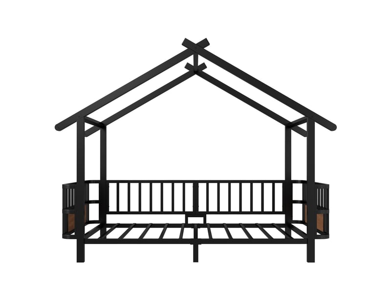  Lit enfant 90 x 200 cm lit simple structure en métal forme maison barrière de sécurité design toit cadre décoratif finition noire modèle filles et garçons  - Conforama A