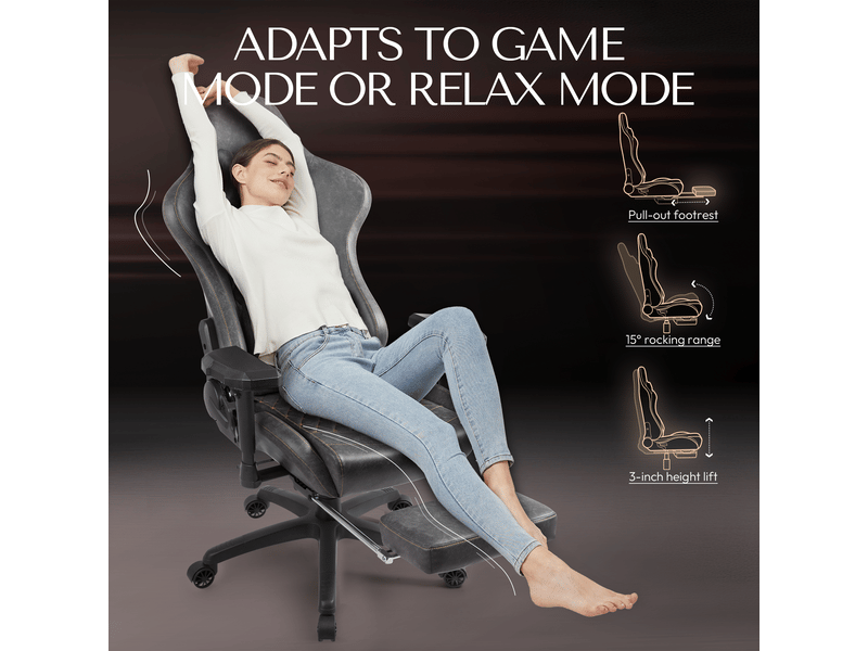  Fauteuil de bureau et gaming ergonomique – modèle large – fonction chauffage et massage – soutien lombaire – accoudoirs – repose-pieds – gris  - Conforama E