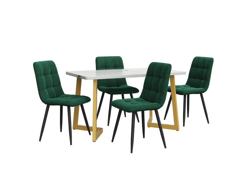  Ensemble table à manger avec 4 chaises, table à manger rectangulaire de 117 cm, plateau effet marbre et velours vert foncé  - Conforama B