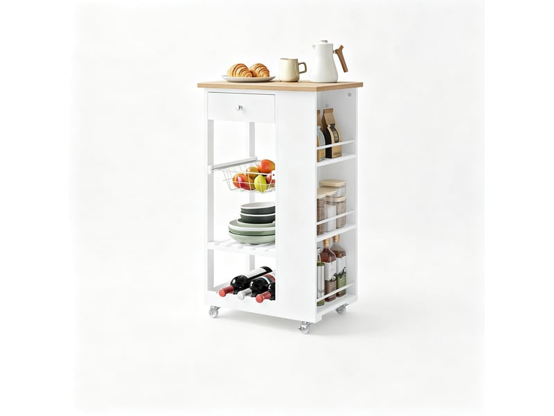  Desserte de cuisine 56,5 x 37 x 87 cm blanche et bambou, 4 roulettes avec freins et rangements  - Conforama A
