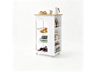 Desserte de cuisine 56,5 x 37 x 87 cm blanche et bambou, 4 roulettes avec freins et rangements