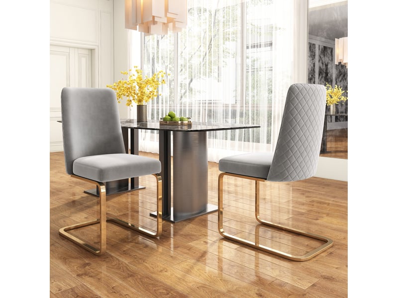  Chaise de salle à manger lot de 4 en velours avec dossier à motif losange et piètement métal doré gris  - Conforama D
