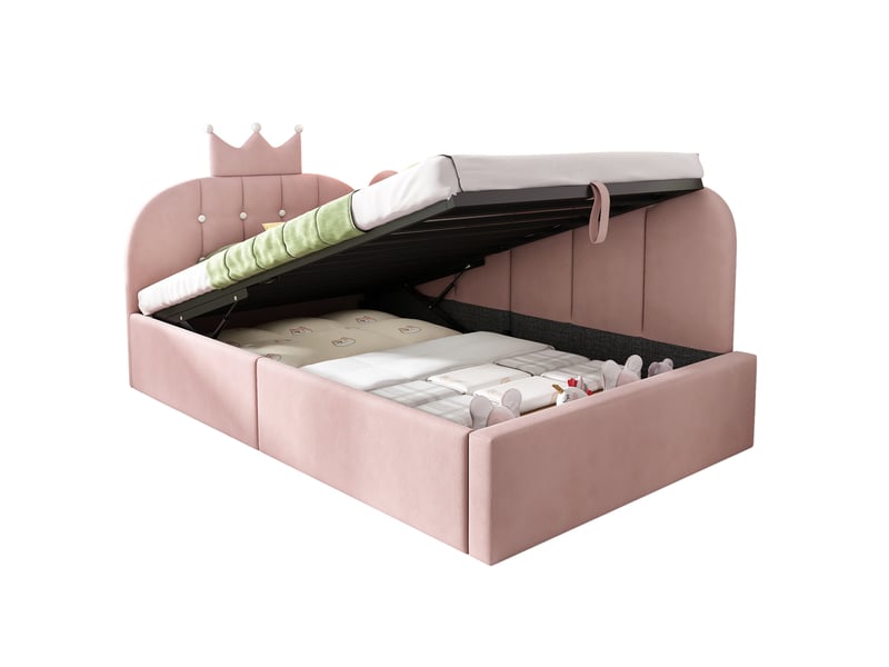  Modenvie lit banquette 90x200 cm - rangement hydraulique et dossier en velours, sans matelas - rose  - Conforama A