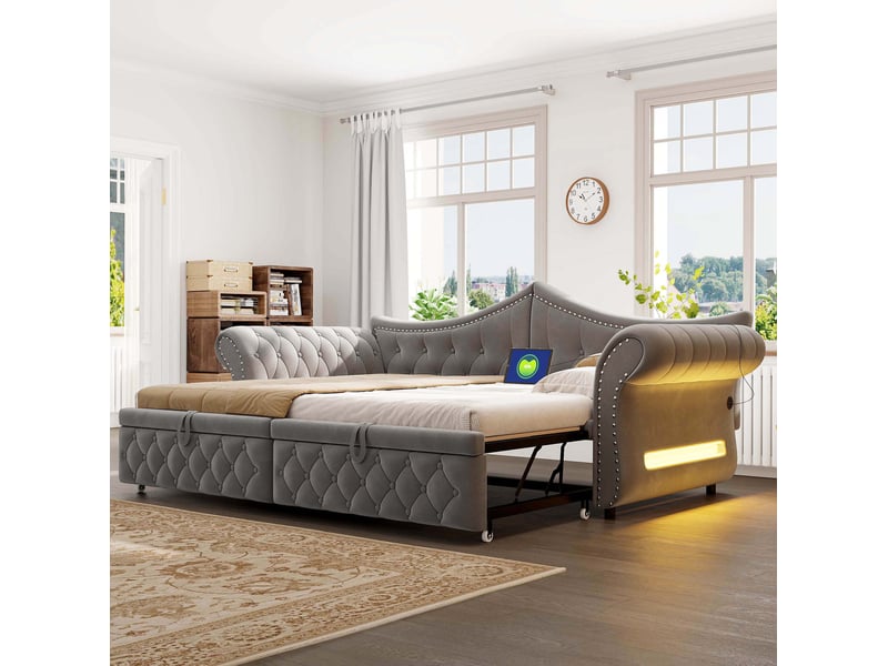  Lit gigogne 90x200 cm en velours gris avec led et port usb  - Conforama E