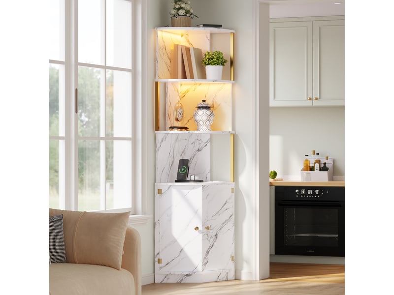 Buffet - 38x38x180cm - meuble d'angle haut avec éclairage led, prises intégrées & 2 portes - effet marbre blanc & doré - Conforama D